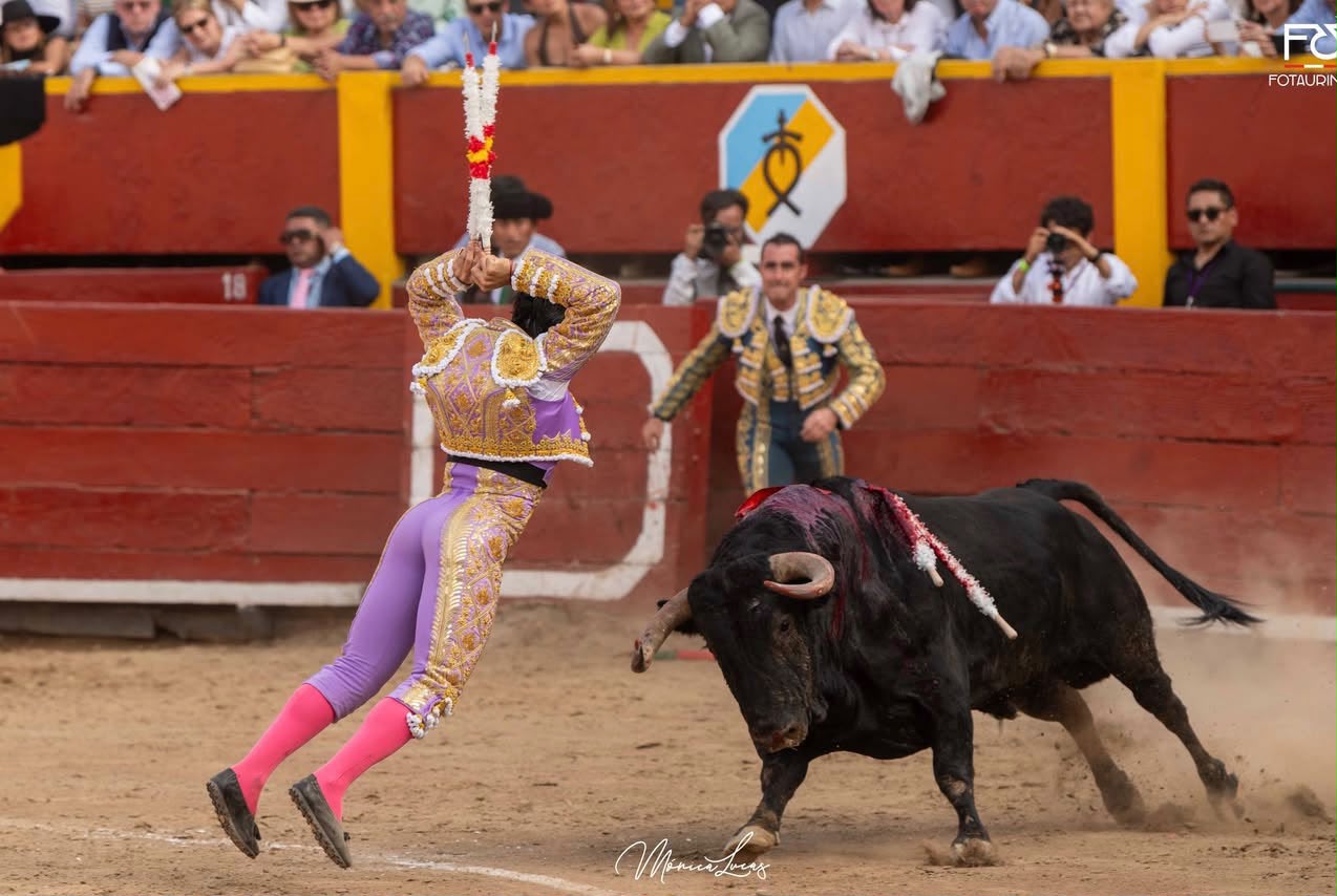 Banderillero de lila y oro clava banderillas en salto ante el toro negro en Acho