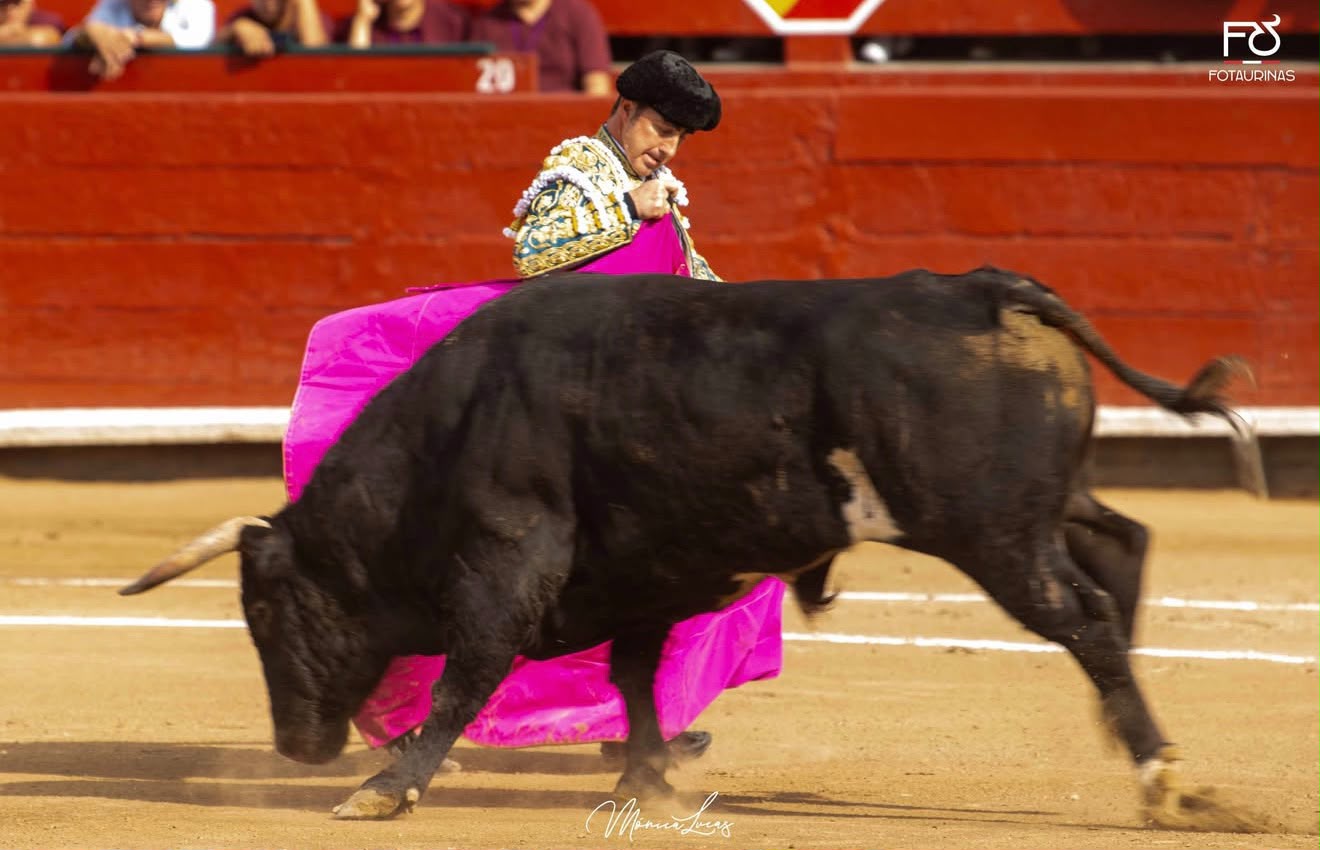 Torero de azul y oro con capote fucsia cita al toro negro en la segunda tarde de Acho