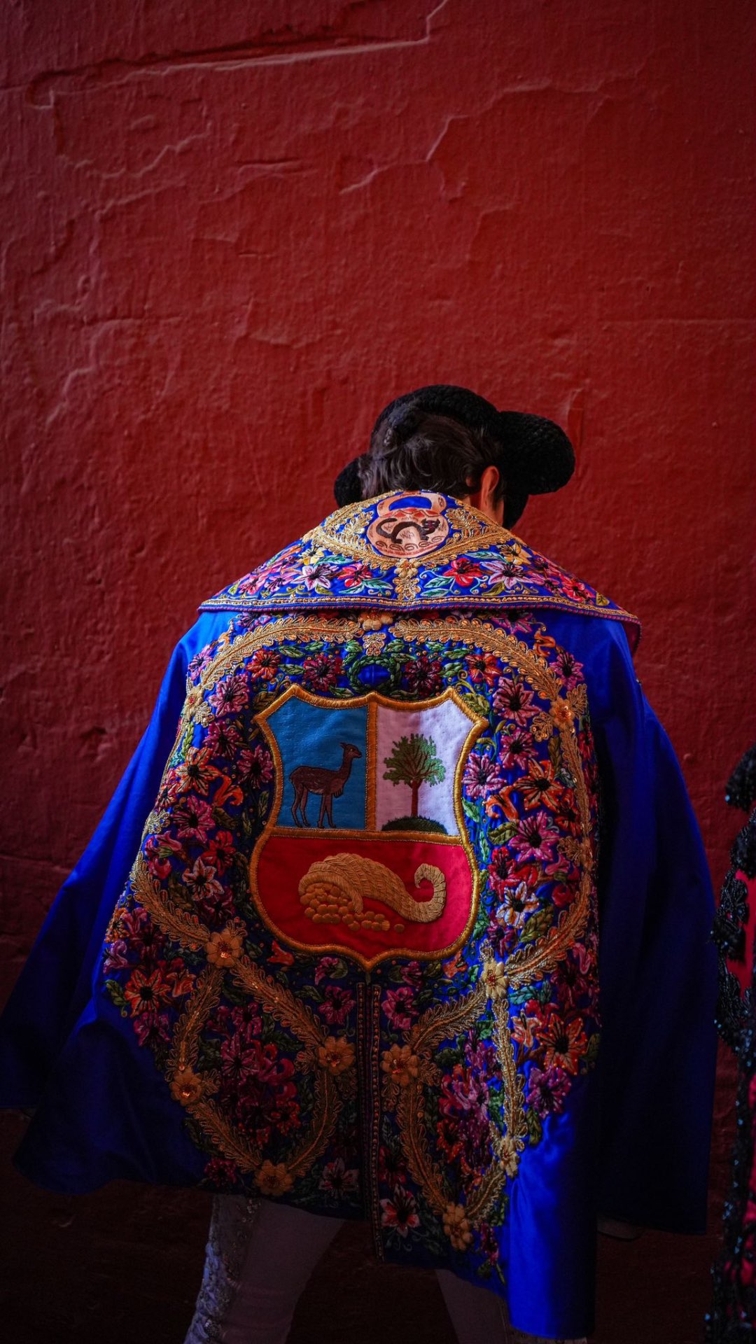Torero de espaldas con capote bordado ante muro rojo